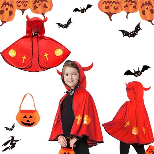 Gxlaihly Kinder teufel umhang,kinder teufelkostümKostüm für Kinder Teufelkostüm,umhang mit ox horn,umhang cape mit ox horn mit kapuze mantel,Halloween Kostüme Cosplay Verkleidung (Magisches Rot) von Gxlaihly