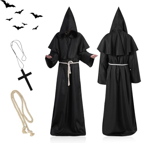 Gxlaihly Mönch Robe,Priester Mönch Gewand Kostüm,Mönch Kostüm Robe,Mönch Priester Gewand,Mönch Priester Gewand Kostüm mit Kreuz und Kordel,für Halloween,Mittelalterliche,Karneval (Schwarz, M) von Gxlaihly