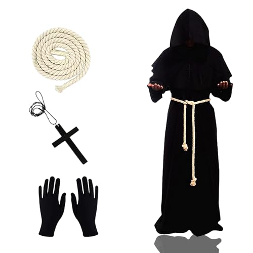 Gxlaihly Mönch Robe Kostüm,Priester Robe Kostüm,Mönch Priester Gewand,Herren Hooded Mönch Kostüm mit Kreuz-Halskette,Handschuhe,Gürtel,Kapuzenmönch Mönch Priester Kostüm für Halloween Cosplay (XXL) von Gxlaihly