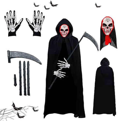 Gxlaihly Sensenmann Kostüm,Grim Reaper Kostüm Erwachsene,Halloween-Umhang mit Kapuze,mit Schädelmaske,Sense,Skelett Handschuhe,Sensenmann Umhang für Halloween,Cosplay,Karneval (Erwachsener-C) von Gxlaihly