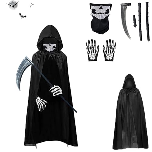 Gxlaihly Sensenmann Kostüm,Sensenmann Halloween Kinder Kostüm,Halloween-Umhang mit Kapuze,mit Schädelmaske,Sense,Skelett Handschuhe,Sensenmann Umhang für Halloween,Cosplay,Karneval (Kind-B) von Gxlaihly