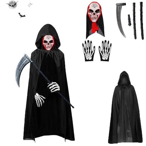 Gxlaihly Sensenmann Kostüm,Sensenmann Halloween Kinder Kostüm,Halloween-Umhang mit Kapuze,mit Schädelmaske,Sense,Skelett Handschuhe,Sensenmann Umhang für Halloween,Cosplay,Karneval (Kind-C) von Gxlaihly