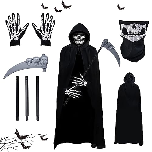 Gxlaihly Sensenmann Kostüm,Grim Reaper Kostüm Erwachsene,Halloween-Umhang mit Kapuze,mit Schädelmaske,Sense,Skelett Handschuhe,Sensenmann Umhang für Halloween,Cosplay,Karneval (Erwachsener-A) von Gxlaihly