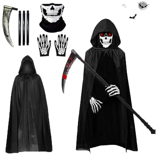 Gxlaihly Sensenmann Kostüm,Grim Reaper Kostüm Erwachsene,Halloween-Umhang mit Kapuze,mit Schädelmaske,Sense,Skelett Handschuhe,Sensenmann Umhang für Halloween,Cosplay,Karneval (Erwachsener-B) von Gxlaihly