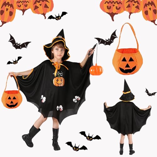 Kind kürbis fledermaus kostüm,Halloween Fledermaus Kostüm Kinder,Kinder Fledermaus Umhang Kostüme,Wizard cape witch umhang,mit hut unt Kürbis Candy Bag,für Kinder Jungen Mädchen Cosplay (Schwarz) von Gxlaihly