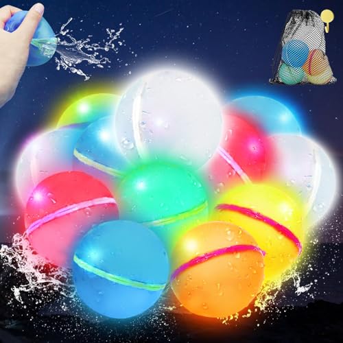 Wasserballons Wiederverwendbar, 12 Stück Wasserbomben mit LED Licht, Geeignet für Kinder Erwachsene Sommer Outdoor Wasser Spiel Hof Schwimmbad Strand Party von Gytera