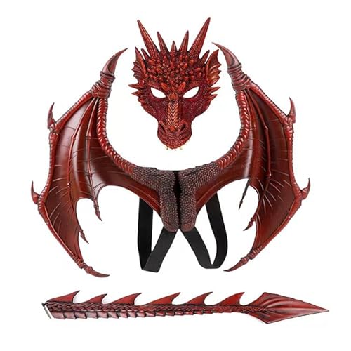 Gyuele 3 Stücke Kinder Halloween Kostüm Set Kinder Halloween Dragon Set Gesichtsabdeckungen Wings Tail (RED) von Gyuele