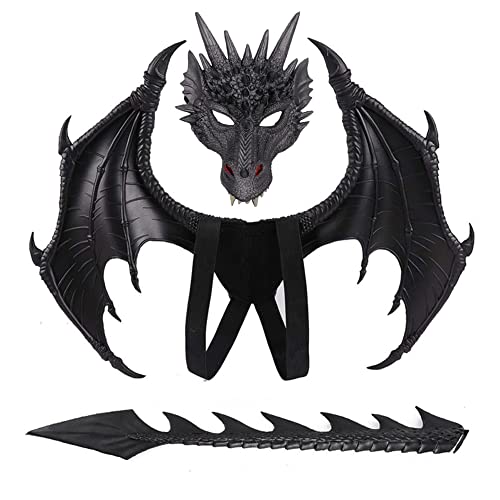 Gyuele 3 Stücke Kinder Halloween Kostüm Set Kinder Halloween Dragon Set Gesichtsabdeckungen Wings Tail (Black) von Gyuele