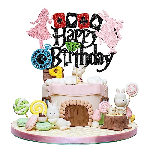 Gyufise 1 Stück Alice im Wunderland Geburtstagstortenaufsatz Gold Glitzer Magical Poker Bunny Bowl Clock Fairy Happy Birthday Cake Pick für Babyparty Kinder Mädchen Geburtstag Tee Party Kuchen von Gyufise