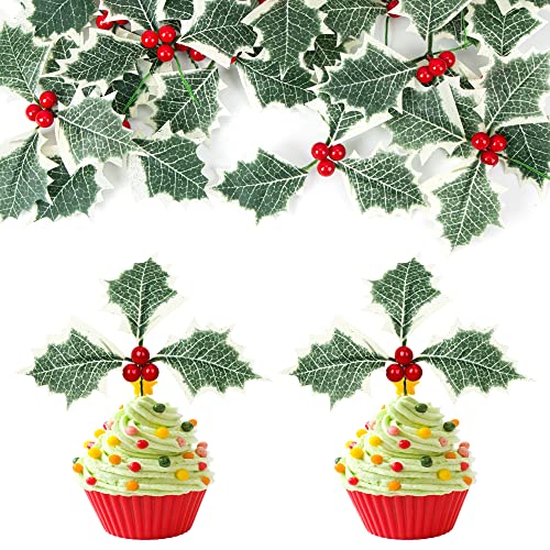 Gyufise 15 Stück Merry Christmas Cupcake Topper 3D Weihnachten Stechpalme Beeren Kuchen Topper Dekorationen für Frohe Weihnachten Thema Neujahr Urlaub Party Kuchen Dekorationen Zubehör von Gyufise