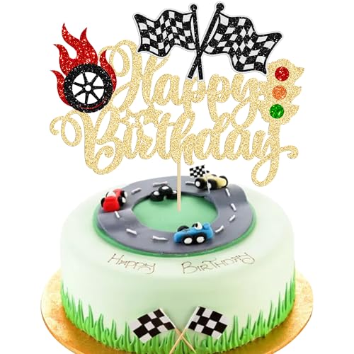 Gyufise 1Pc Race Car Happy Birthday Cake Topper Glitter Race Car Cake Dekorationen für Racing Car Checkered Flag Glitter Race Car Cake Topper Geburtstag Thema Party Supplies Gold von Gyufise