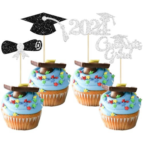 Gyufise 24 Stück 2022 Graduation Cupcake Topper Silber Glitzer Congrats Grad Cap Kuchen Abschlussfeier Party Dekorationen Diplom Cupcake Picks für Kuchen Essen Klasse von 2022 Abschlussfeier Motto Party Supplies von Gyufise