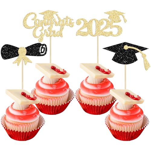 Gyufise 24 Stück 2022 Graduation Cupcake Toppers Black Glitter Congrats Grad 2022 Graduation Cap Diplom Cupcake Picks 2022 Graduation Theme Party Cake Decorations Supplies von Gyufise