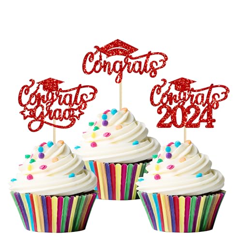 Gyufise 24 Stück 2023 Congrats Grad Cupcake Topper Rot Glitter Class of 2023 Abschluss 2023 Kuchendekorationen Kappe Diplom Cupcake Picks 2023 Abschluss Thema Party Kuchen Dekorationen Zubehör 3 Arten von Gyufise