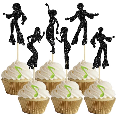 Gyufise 24 Stück 70er Jahre Disco Tanzen Cupcake Topper - Kuchen Dekoration für Disco Ball Musik Thema Party Geburtstag Hochzeit Feier - Schwarz von Gyufise