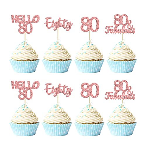 Gyufise 24 Stück 80. Geburtstag Cupcake Rotgold 80 und fabelhafte Cupcake Picks Happy 80th 80 Cupcake Topper für 80th Birthday Wedding Anniversary Party Supplies von Gyufise