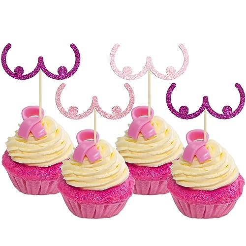 Gyufise 24 Stück Brustkrebs-Bewusstseins-Cupcake-Topper, Glitzer, Brustkrebs-Dekorationen für Believe Hope, rosa Band, Party-Kuchendekorationen, Zubehör, lila von Gyufise