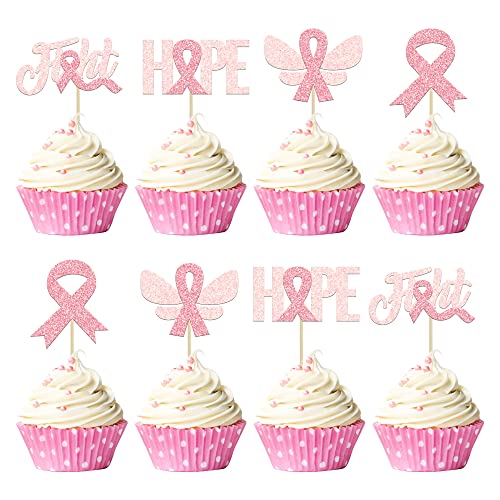 Gyufise 24 Stück Brustkrebs-Bewusstseins-Cupcake-Topper Glitzer Rosa Band Fight Beliveve Hope Cupcake Picks Dekorationen für rosa Band Party Kuchen Dekorationen Zubehör von Gyufise