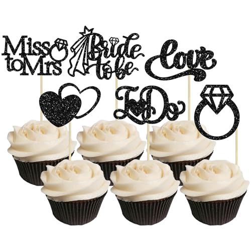 Gyufise 24 Stück Cupcake-Topper, schwarzer Glitzer, "I Do Love", Herz-Ring, Miss To Mrs, Cupcake-Picker, Brautparty, Kuchendekorationen für Hochzeit, Verlobung, Junggesellinnenabschied von Gyufise