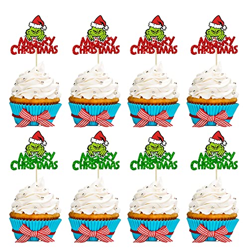 Gyufise 24 Stück Gch Weihnachten Cupcake Topper Glitzer Rot Grün Merry Christmas Drink Up Gres Cupcake Picks Merry Gch Weihnachten Urlaub Thema Geburtstag Party Kuchen Dekorationen Supplies von Gyufise