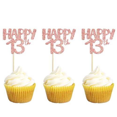 Gyufise 24 Stück Happy 13th Birthday Cupcake Topper Rose Gold Glitter Zahl 13 13 Cupcake Picks 13. Geburtstag Feier Jahrestag Party Kuchen Dekorationen Zubehör von Gyufise