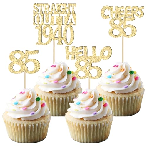 Gyufise 24 Stück Happy 85th Cupcake-Topper Glitzer Eighty-Five Straight Outta 1938 Cupcake Picks Cheers to 85 Years Birthday Kuchen Dekorationen für Happy 85th Birthday Anniversary Party Supplies Gold von Gyufise