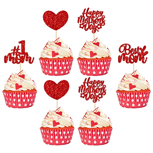 Gyufise 24 Stück Happy Mother's Day Cupcake-Topper Rot Glitter Love Heart Super Mom Muttertag Cupcake Picks Beste Mama Kuchen Dekorationen für Happy Mother's Day Thema Frauen Geburtstag Party Supplies von Gyufise