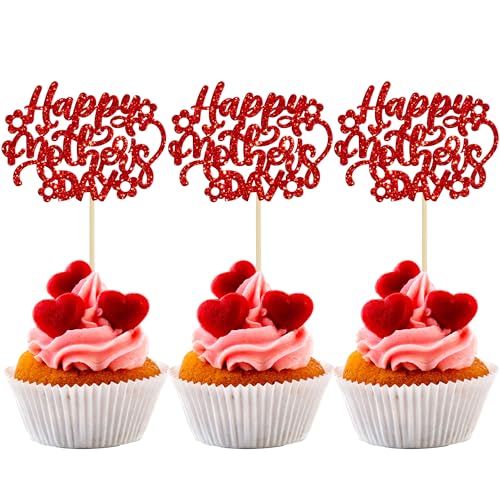 Gyufise 24 Stück Happy Mother's Day Cupcake-Topper Rot Glitzer Blume Love Mother Best Mom Cupcake Picks für Happy Mother's Day Thema Frauen Geburtstag Party Kuchen Dekorationen Zubehör von Gyufise