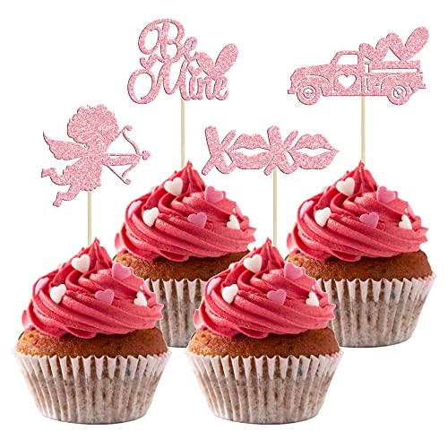 Gyufise 24 Stück Happy Valentine's Day Cupcake-Topper rosa Glitzer Herz Love You Be Mine Cupcake Essen Picks Valentinstag Thema Hochzeit Brautdusche Geburtstag Party Kuchen Dekorationen Zubehör von Gyufise