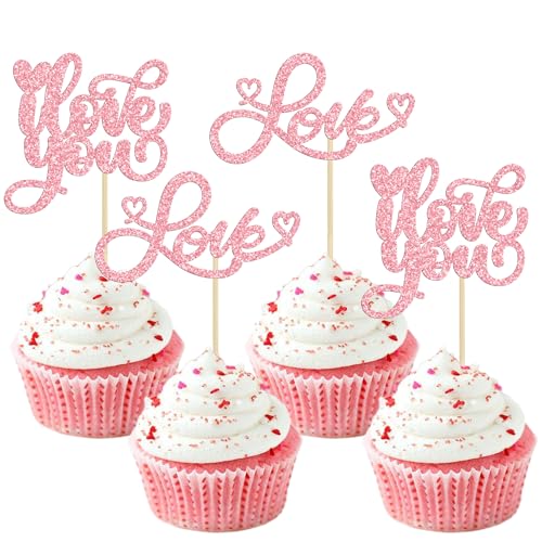 Gyufise 24 Stück Love Cupcake Toppers rosa Glitzer süße Liebe Valentinstag Cupcake Picks I Love You Dekorationen für Valentinstag Thema Hochzeit Verlobung Brautparty Geburtstag Party Supplies von Gyufise