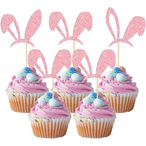 Gyufise 24 Stück Osterhasenohren Cupcake Toppers Rosa Glitzer Hase Kuchen Topper Frohe Ostern Kuchen Dekorationen für Häschen Ostern Thema Frühling Geburtstag Babyparty Party Dekorationen von Gyufise