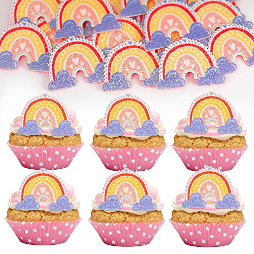 Gyufise 24 Stück Regenbogen-Cupcake-Topper Glitzer Wolke Regenbogen Cupcake Picks Baby Shower Kuchen Dekorationen für Raibow Thema Jungen Mädchen Geburtstag Party Supplies Bunt von Gyufise