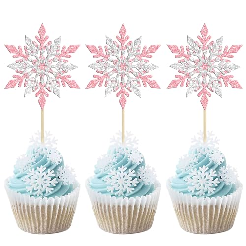 Gyufise 24 Stück Schneeflocken Cupcake Topper Doppelschichten Rosa Glitzer Winter Frozen Thema Cupcake Picks Baby Shower Kinder Geburtstag Party Weihnachten Kuchen Dekorationen Zubehör von Gyufise