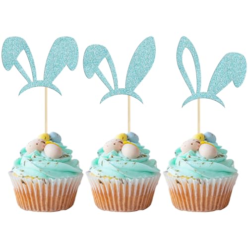 Gyufise 24 Stück blaue glitzernde süße Hasenohren Cupcake Topper Dekorationen für Ostern Party Bunny Thema Geburtstag Party Dekorationen von Gyufise