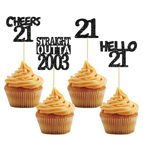 Gyufise 24 Stück gerade Outta 2002 Cupcake-Topper Glitzer Twenty-one Happy 21st Cupcake Picks Cheers to 21 Years Birthday Kuchen Dekorationen für Happy 21st Birthday Anniversary Party Supplies schwarz von Gyufise