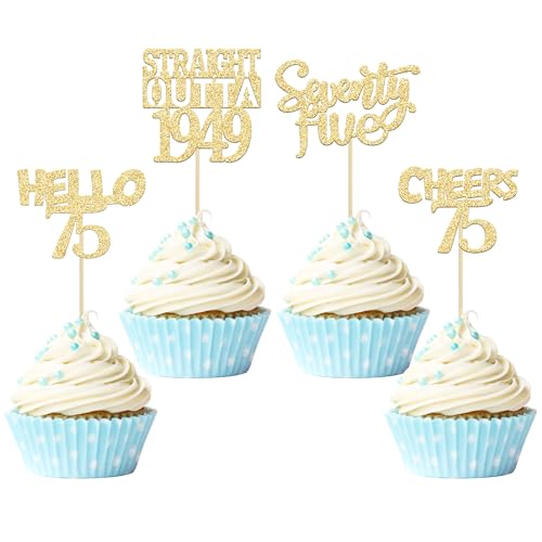 Gyufise 24 Stück goldene glitzernde Cupcake-Topper gerade Outta 1947 Seventy Five Hello 75 Cheers to 75 Years Birthday Cupcake Picks for 75th Birthday Anniversary Cake Decorations Supplies von Gyufise