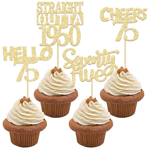 Gyufise 24 Stück goldene glitzernde Cupcake-Topper gerade Outta 1947 Seventy Five Hello 75 Cheers to 75 Years Birthday Cupcake Picks for 75th Birthday Anniversary Cake Decorations Supplies von Gyufise