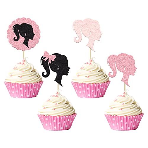 Gyufise 24 Stück rosa und schwarze Mädchen-Cupcake-Topper Mädchen Kuchen Pick Dekorationen Mädchen Zahnstocher für Hochzeit Babyparty Dekorationen Mädchen Thema Geburtstag Party Favors Supplies von Gyufise