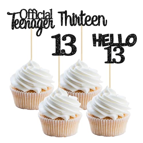 Gyufise 24 Stück schwarze glitzernde Cupcake-Topper zum 13. Geburtstag, Hello 13 Thirteen Cake Toppers Offizielle Teenager Cupcake Picks 13. Geburtstag Party Kuchen Dekorationen Zubehör von Gyufise