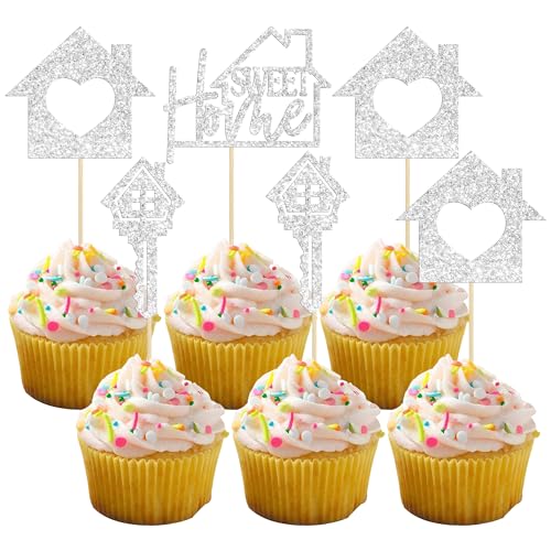 Gyufise 24 Stück silberne Cupcake-Dekorationen für Zuhause, Glitzer, Schlüssel, Einweihungsfeier, Cupcake-Picks, Dekorationen für neues Zuhause, Mottoparty, Kuchendekorationen, Zubehör von Gyufise