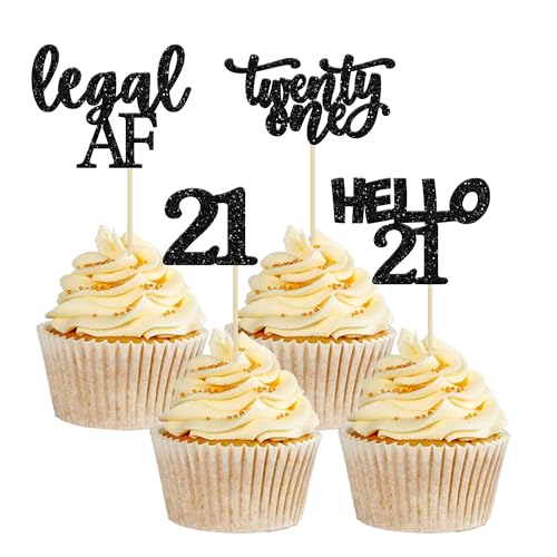 Gyufise 24 schwarze glitzernde Cupcake-Topper zum 21. Geburtstag, Legal A Kuchendekorationen, Hello 21 201 Cupcake-Picks für den 21. Geburtstag von Gyufise