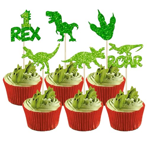 Gyufise 24Pcs Dinosaurier 1. Geburtstag Cupcake Toppers Grün Glitter 1 Rex Roar Erster Geburtstag Dinosaurier Cupcake Picks Ein Jahr alt Dino Thema Dusche 1. Geburtstag Party Kuchen Zubehör von Gyufise