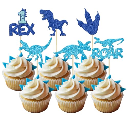 Gyufise 24Pcs Dinosaurier 1. Geburtstag Cupcake Toppers blau Glitter 1 Rex Brüllen Geburtstag Dinosaurier Kuchen Toppers ein Jahr alt Dino Thema Baby Dusche 1. Geburtstag Party Zubehör von Gyufise