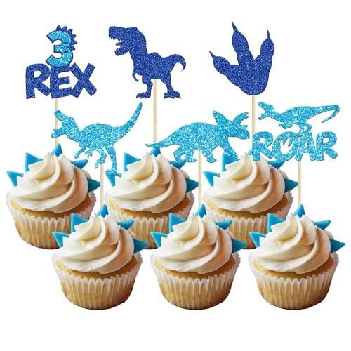 Gyufise 24Pcs Dinosaurier Cupcake Toppers Blau Glitter 3 Rex Roar Dinosaur Cupcake Picks Drei Jahre alt Dino-Thema Baby Dusche 3. Geburtstag Party Kuchen Dekorationen Zubehör von Gyufise