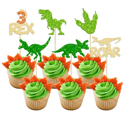 Gyufise 24Pcs Dinosaurier Cupcake Toppers Gold Glitter 3 Rex Brüllen Dinosaurier Cupcake Picks drei Jahre alt Dino Thema Baby Dusche dritten Geburtstag Party Kuchen Dekorationen Zubehör von Gyufise