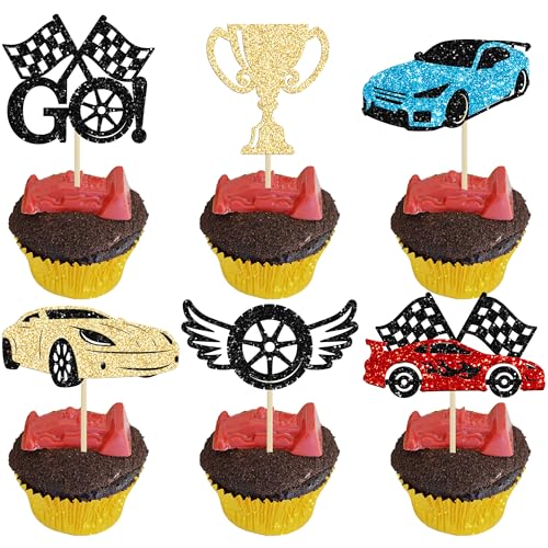 Gyufise 24Pcs Let's Go Racing Cupcake Toppers Glitter Kämpfen Rennwagen Cupcake Picks Rennwagen Cupcake Toppers für Baby Dusche Racing Sport Thema Geburtstag Party Kuchen Dekore Zubehör von Gyufise