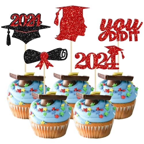 Gyufise 30 Stück Cupcake-Topper für Frauen und Mädchen 2022 Abschlussfeier, rote Glitzerklasse von 2022 Cupcake Picks You Did It Diplomkappe, Kuchendekorationen für 2022 Abschlussfeier, Mottoparty, Kuchendekorationen von Gyufise