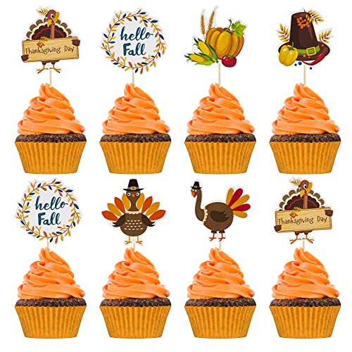 Gyufise 36 Stück Thanksgiving Cupcake Toppers Thanksgiving Thema Truthahn Kürbis Lebensmittel Dekorationen Herbst Kuchen Topper für Thanksgiving Herbst Party Truthahn Kürbis Dekorationen von Gyufise