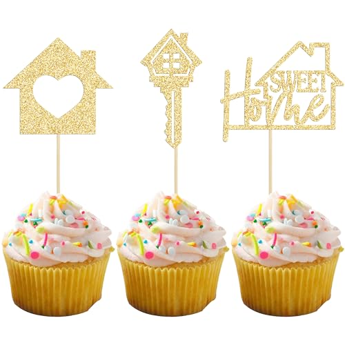 Gyufise Cupcake-Dekorationen, 24 Stück, Gold-Glitzer, Schlüssel, Einweihungsfeier, Cupcake-Picks, neues Zuhause, Mottoparty, Kuchendekoration, Zubehör von Gyufise