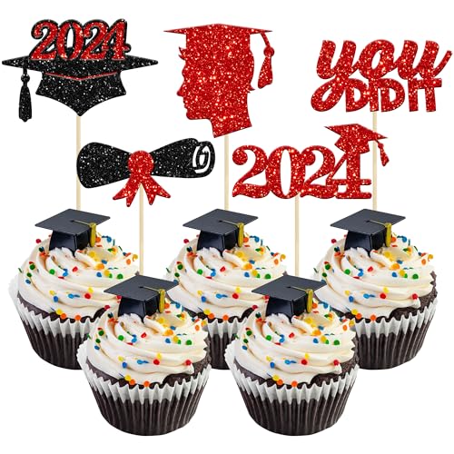 Gyufise Cupcake-Topper für Jungen und Herren, 2022, Rot, Glitzer, You Did It Congrats Grad 2022, Diplomkappe, Cupcake-Picks, Klasse von 2022, Kuchendekorationen für Abschlussfeiern, Mottopartys, 30 Stück von Gyufise